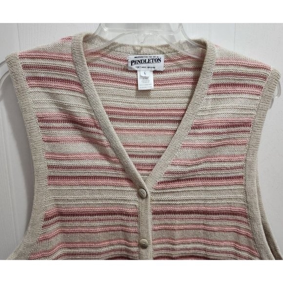 Pendleton Womens Sleeveless Cardigan Sweater Linen Blend Pink/Beige Striped Sz L - Picture 2 of 8